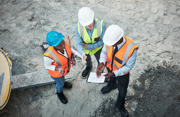 Poster - People, civil engineer and clipboard with team for construction, planning or development at site above. Group, employees or architect with building project, layout or idea for industrial development