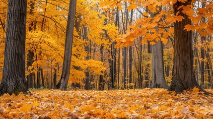 Aufkleber - A tranquil forest displays an abundance of golden leaves on trees, creating a beautiful autumn atmosphere with a carpet of fallen foliage. Generative AI