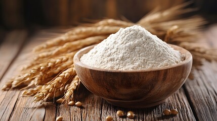 Flour in a bowl on a wooden surface for a natural, rustic setting.