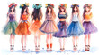 © Akash Tholiya - Watercolour style cartoon illustration of cute girls wearing fluffy tutu skirt summer and spring fashion with flower crown outfit, collection set