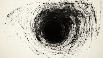 Wall Mural - Hand-drawn abstract illustration of a mysterious open black hole portal in the center, created with simple lines and rough strokes in an ink art style on a white background. This hyper-detailed, high-