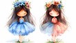 © Akash Tholiya - Watercolour style cartoon illustration of cute girls wearing fluffy tutu skirt summer and spring fashion with flower crown outfit, collection set