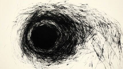 Wall Mural - Hand-drawn abstract illustration of a mysterious open black hole portal in the center, created with simple lines and rough strokes in an ink art style on a white background. This hyper-detailed, high-