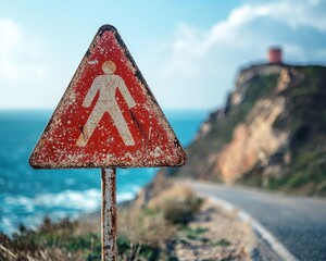 Traffic sign near scenic coastal tourist attraction