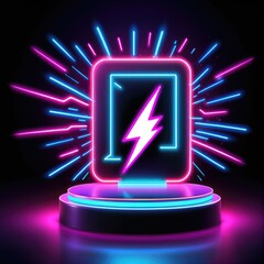 Wall Mural - a vibrant neon lightning symbol illuminated against a dark background with colorful rays emanating f