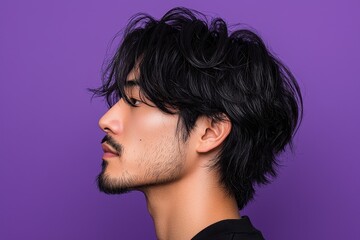 Profile of an asian man with q hair on purple background