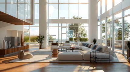 Wall Mural - Modern living room with large windows overlooking a city skyline and greenery