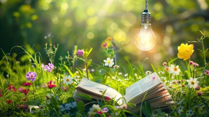 Wall Mural - open book in a field of flowers with a glowing lightbulb hanging above