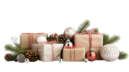 PNG Festive holiday gifts wrapped in kraft paper with red and white twine, adorned with pine branches, pinecones, and ornaments 