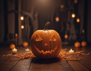 there is a pumpkin with a carved face on it sitting on a table.