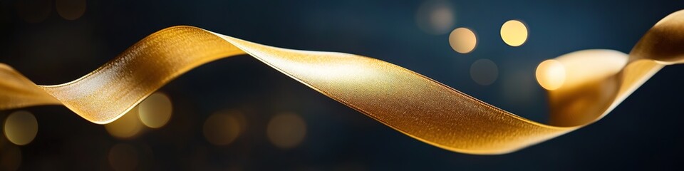 Golden ribbon twirling against a bokeh lights background