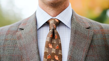 Man in a stylish checkered blazer and unique tie, autumn background, professional attire.