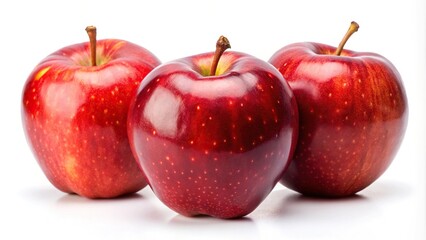 Three ripe red apples macro isolated on white background low angle