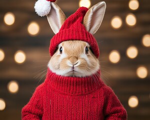 Adorable rabbit in a red sweater and hat, festive background with glowing lights.