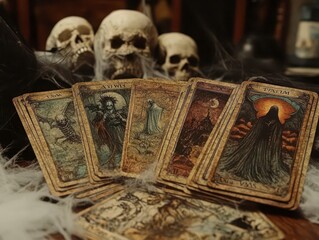 Tarot cards with Halloween-themed illustrations, showing witches, ghosts, and bats, spread across a table covered in cobwebs and skulls