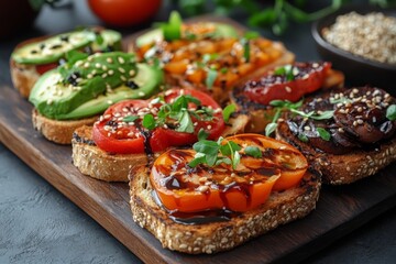 Gourmet vegetable toasts with avocado and tomatoes