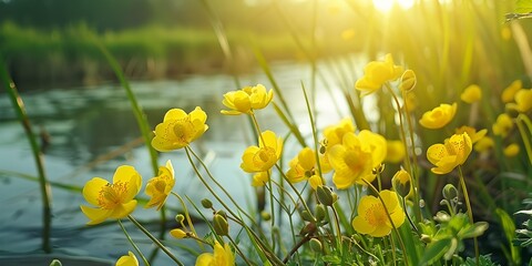 Wall Mural - Spring background with yellow flowering plants of gold color in early spring Beautiful yellow flowers.