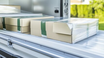 Delivery boxes are meticulously arranged and loaded onto a large truck parked outside a warehouse as the sun sets, ensuring efficient transport.