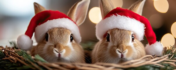 Two adorable rabbits wearing Santa hats nestled in a cozy nest.