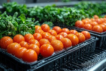 Ripe Tomatoes and Green Leafy Vegetables Being Washed in a Commercial Setting