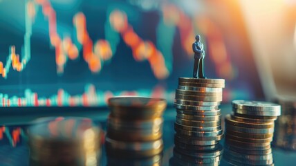 Macrography shot of stack of golden money with increasing stock market. Close up of golden coin tower with statistic chart hologram and blurring background. Financial and investment concept. AIG53.