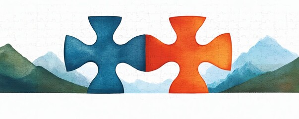 Two colorful puzzle pieces connecting, symbolizing teamwork and collaboration against a soft landscape background.