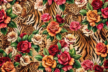 Tiger print and rose pattern on fabric