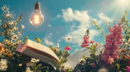 Wall Mural - open book surrounded by flowers with a hanging light bulb