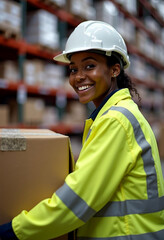 Smiling black woman warehouse worker employee carrying a box at the logistics, distribution center
