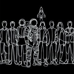 Wall Mural -  the continuous line drawing of a Astronaut group of standing people generate by ai