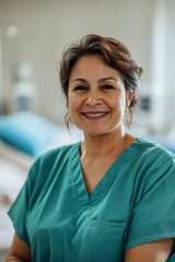 A confident healthcare professional smiles warmly while wearing scrubs in a bright hospital room, embodying compassion and dedication to patient care.