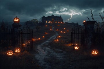 A haunting pathway lined with eerie glowing Jack O Lanterns leading up to a creepy mansion under stormy skies and dramatic lightning flashes on Halloween night.