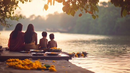 Wall Mural - an empty scene featuring blank mockup template of a family gathered by the riverbank with offering p