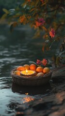Wall Mural - an empty scene featuring blank mockup template of a glowing diya placed carefully in a small wicker 