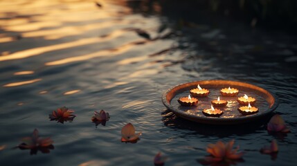 Wall Mural - an empty scene featuring blank mockup template of an offering plate with lit diyas floating down the