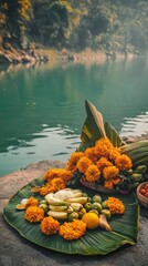 Wall Mural - an empty scene featuring blank mockup template of an open banana leaf filled with marigold flowers a