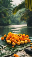 Wall Mural - an empty scene featuring blank mockup template of an open banana leaf filled with marigold flowers a