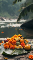Wall Mural - an empty scene featuring blank mockup template of an open banana leaf filled with marigold flowers a