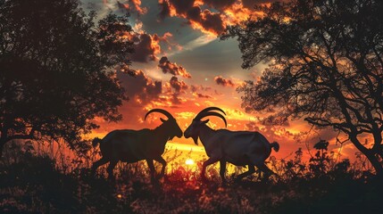 Wall Mural - two silhouetted goats facing each other at sunset