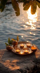 Wall Mural - an empty scene featuring blank mockup template of an intricately decorated thali with coconut, mango