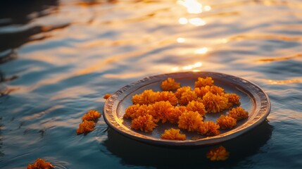 Wall Mural - an empty scene featuring blank mockup template of an offering plate decorated with marigold flowers 