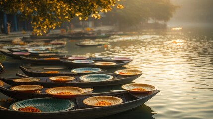 Wall Mural - an empty scene featuring blank mockup template of boats floating on the river with offering plates i