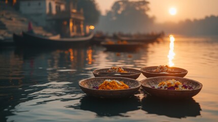 Wall Mural - an empty scene featuring blank mockup template of boats floating on the river with offering plates i