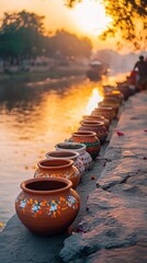 Wall Mural - an empty scene featuring blank mockup template of brightly decorated clay pots lined up on the river
