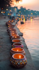 Wall Mural - an empty scene featuring blank mockup template of brightly decorated clay pots lined up on the river