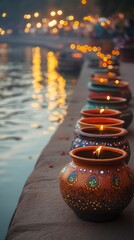 Wall Mural - an empty scene featuring blank mockup template of brightly decorated clay pots lined up on the river