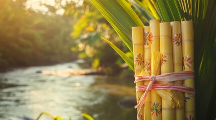 Wall Mural - an empty scene featuring blank mockup template of brightly decorated sugarcane stalks tied together 