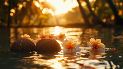 Wall Mural - an empty scene featuring blank mockup template of coconut offerings floating in the water as the sun