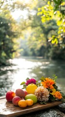 Wall Mural - an empty scene featuring blank mockup template of colorful fruits and flowers placed neatly on a woo