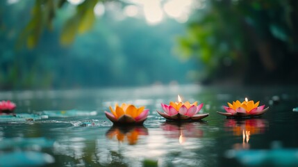 Wall Mural - an empty scene featuring blank mockup template of colorful diya decorations floating on a serene riv